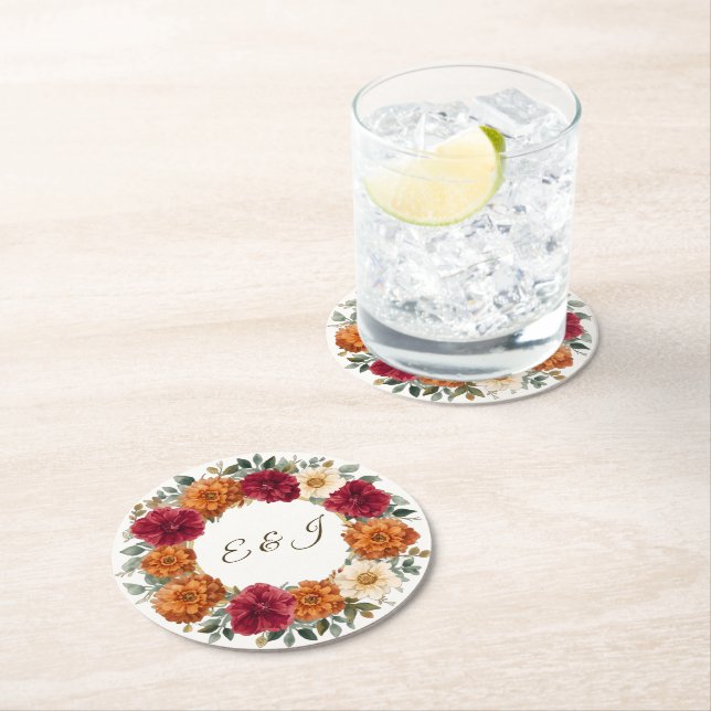Dessous-de-verre Rond En Papier Personnalisé Rustic Fall Floral Mariage (En situation)