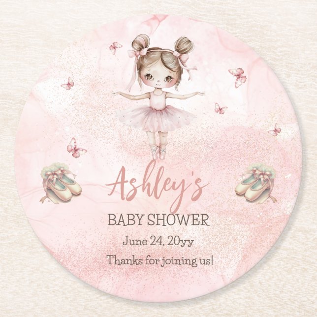 Dessous-de-verre Rond En Papier Petit Baby shower fille Ballerina Tutu rose mignon (Devant)