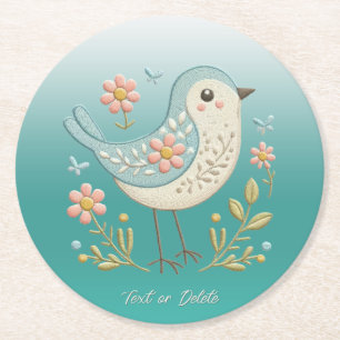 Dessous-de-verre Rond En Papier Petite broderie florale d'oiseaux Dessous de verre