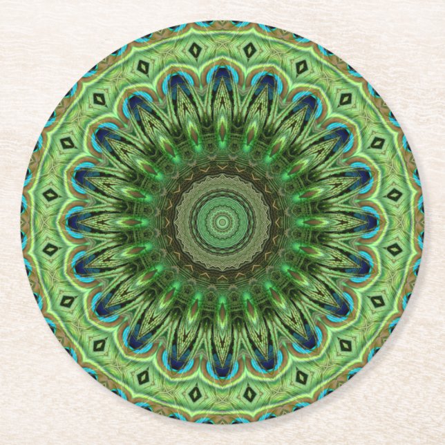 Dessous-de-verre Rond En Papier Pétoncle en plumes Mandala Emerald et symétrie ble (Devant)