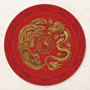 Dessous-de-verre Rond En Papier Phoenix et Dragon avec bagua #4