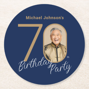Dessous-de-verre Rond En Papier Photo Bleu Marine Or 70e Anniversaire 