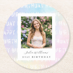 Dessous-de-verre Rond En Papier Photo d'anniversaire pastel arc-en-ciel rose