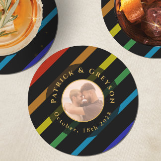 Dessous-de-verre Rond En Papier Photo de mariage d'hommes gays élégant arc-en-ciel
