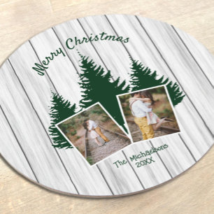 Dessous-de-verre Rond En Papier Photo de Noël rustique en bois