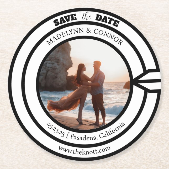 Dessous-de-verre Rond En Papier Photo de script lisse Enregistrer la date Tableau  (Devant)