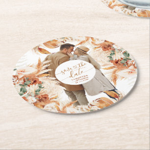 Dessous-de-verre Rond En Papier Photo Moderne Script manuscrit Enregistrer la date