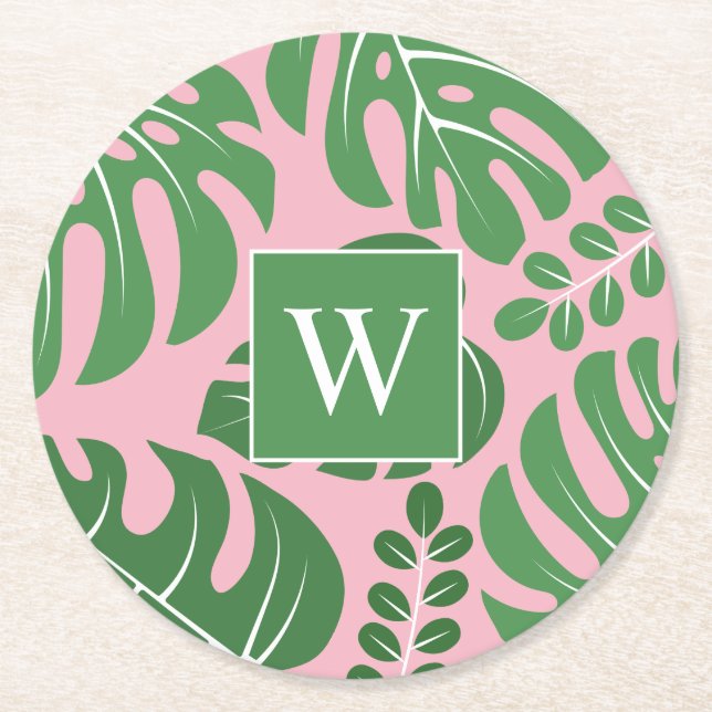 Dessous-de-verre Rond En Papier Pince Monogramme Monstera Palm Leaf (Devant)