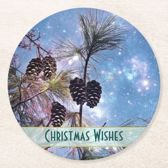 Dessous-de-verre Rond En Papier Pine de Noël cônes sous un ciel étoilé (Devant)