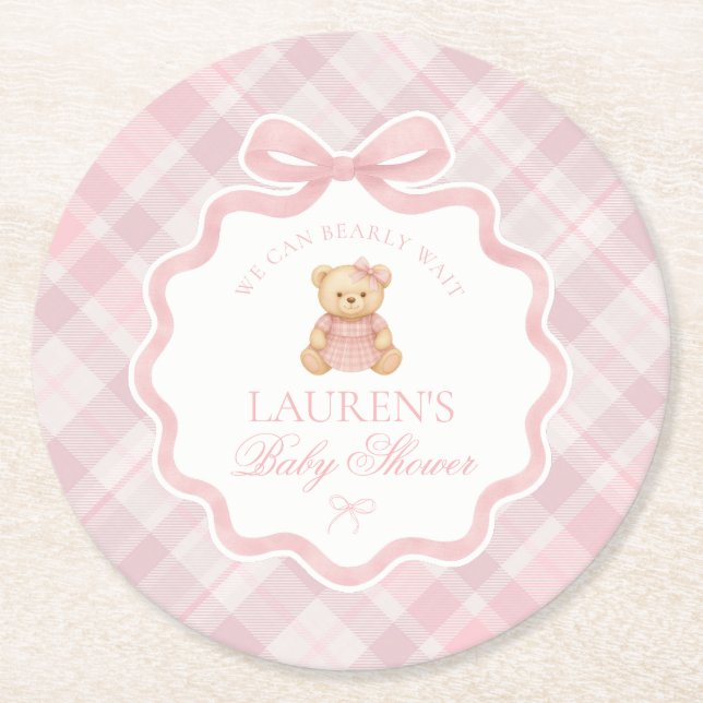 Dessous-de-verre Rond En Papier Pink Coquette Bow Bear Plaid Baby Shower  (Devant)