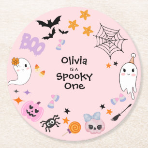 Dessous-de-verre Rond En Papier Pink Éffrayant One Cute Ghost Halloween 1er Annive