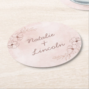 Dessous-de-verre Rond En Papier Pink et or Rose floral floral Monogramme de bordur