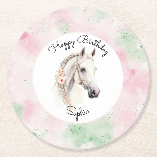 Dessous-de-verre Rond En Papier Pink Mint Floral White Horse Birthday (Devant)