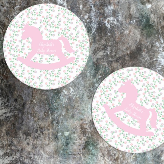 Dessous-de-verre Rond En Papier Pink Rocking Horse Girl Baby Shower (Créateur téléchargé)