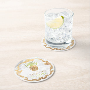 Dessous-de-verre Rond En Papier PixDezines Faux Ananas Dorés+Marbre Blanc