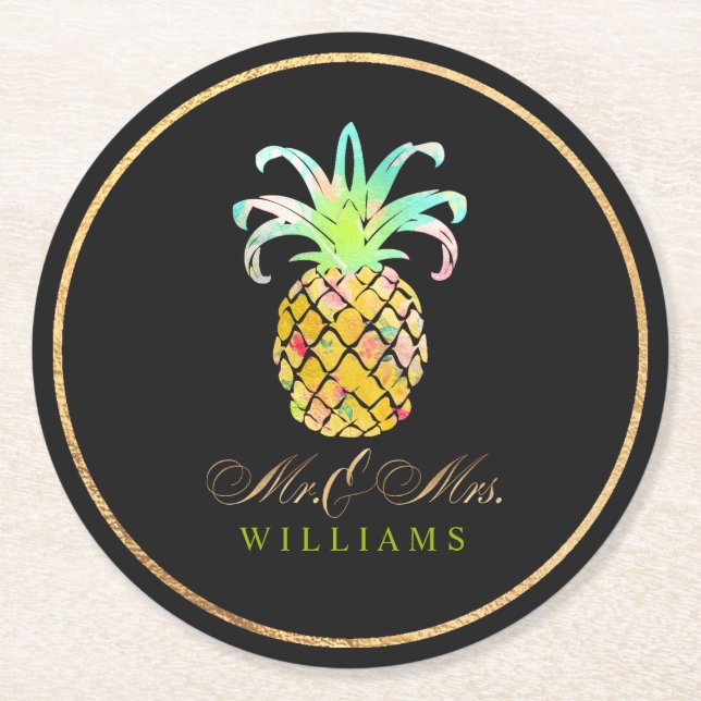 Dessous-de-verre Rond En Papier PixDezines Faux Gold/Ananas (Devant)