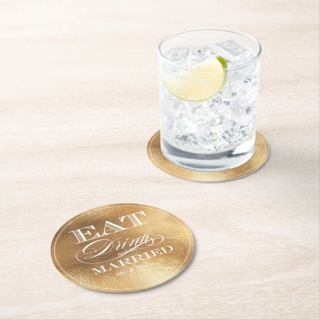 Dessous-de-verre Rond En Papier PixDezines Faux Gold/Eat/Drink/and Be Marry (En situation)