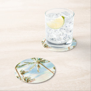 Dessous-de-verre Rond En Papier PixDezines Plage Hawaïenne Vintage / Ciel Bleu Pâl