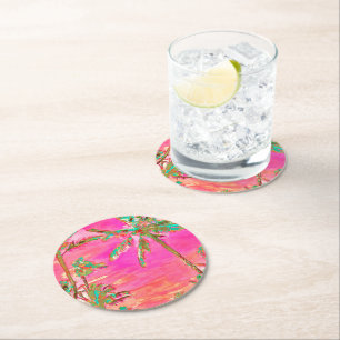 Dessous-de-verre Rond En Papier PixDezines Vintage Hawaïen Plage/Rose/Turquoise