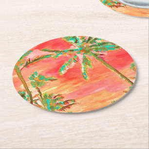 Dessous-de-verre Rond En Papier PixDezines Vintage Hawaiian Beach/Coral/Turquoise