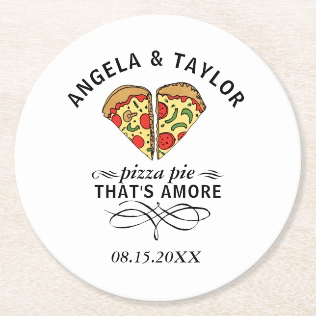 Dessous-de-verre Rond En Papier Pizza Love Mariage tendance Monogramme Date (Devant)