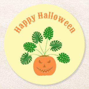 Dessous-de-verre Rond En Papier Plante Halloween Monstera en Citrouille personnali