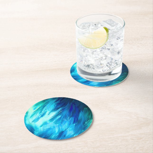 Dessous-de-verre Rond En Papier Plume Abstrait Bleu Vert (En situation)