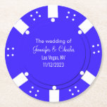 Dessous-de-verre Rond En Papier Poker Chip Casino Dessous de verre Mariage à thème<br><div class="desc">Casino Las Vegas jeu thème mariage dessous de verre en papier dans un look de puce de poker bleu et blanc.  Personnalisez tous les champs de texte pour répondre à vos besoins de mariage ou de casino.  Des produits correspondants sont disponibles.</div>