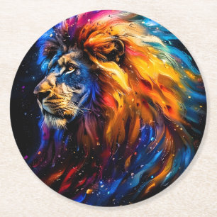 Dessous-de-verre Rond En Papier Portrait de lion abstrait de la faune cosmique