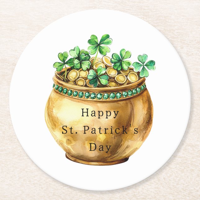 Dessous-de-verre Rond En Papier Pot vert de trèfles de la Saint-Patrick  (Devant)