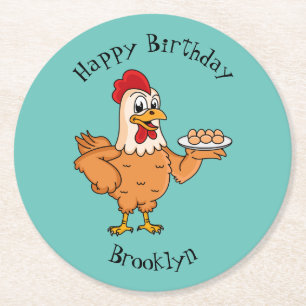 Dessous-de-verre Rond En Papier Poulet avec oeufs sur plaque de dessin animé