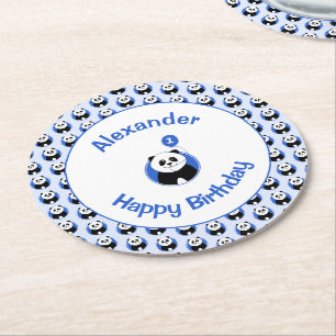 Dessous-de-verre Rond En Papier Premier anniversaire mignon panda bleu ballon ajou