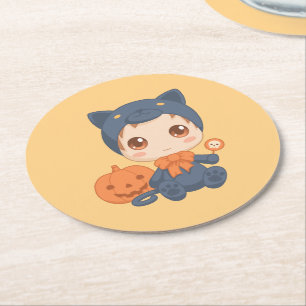 Dessous-de-verre Rond En Papier Première Halloween mignonne bébé noir costume d