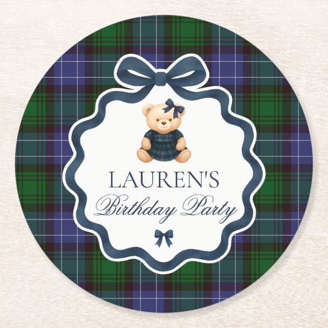 Dessous-de-verre Rond En Papier Preppy Coquette Bow Bear Plaid Birthday  (Devant)