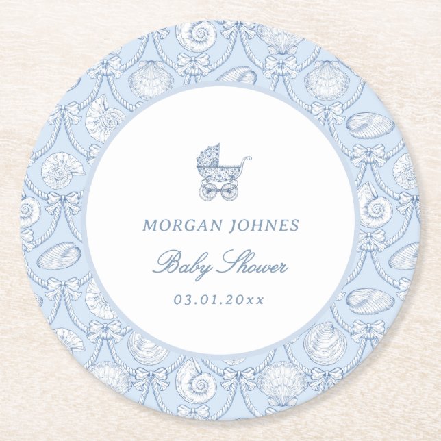 Dessous-de-verre Rond En Papier Preppy Couquette Coastal Baby Shower (Devant)