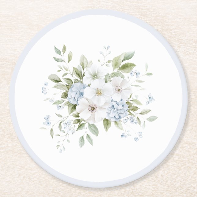 Dessous-de-verre Rond En Papier Pretty Blue White Floral Bridal Shower (Devant)