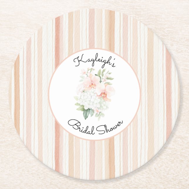 Dessous-de-verre Rond En Papier Pretty Peach Orchid Flowers Stripes Bridal Shower  (Devant)