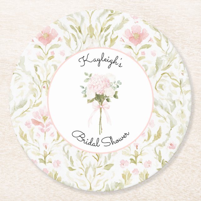 Dessous-de-verre Rond En Papier Pretty Pink Green Floral Bridal Shower    (Devant)