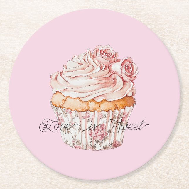 Dessous-de-verre Rond En Papier Pretty Pink Roses Floral Cupcake Bridal Shower (Devant)