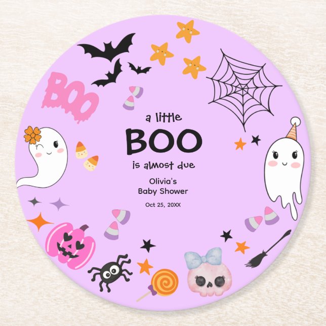 Dessous-de-verre Rond En Papier Purple A Little Boo Jote Baby shower Halloween (Devant)