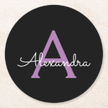 Dessous-de-verre Rond En Papier Purple Black Script Girl Nom du monogramme<br><div class="desc">Dessous de verre en papier noir et violet simple Script Monogramme Nom. Cela fait le cadeau parfait de remise de diplômes,  anniversaire,  mariage,  douche nuptiale,  anniversaire,  baby shower ou bachelorette pour quelqu'un qui aime le luxe glam et les styles chic.</div>