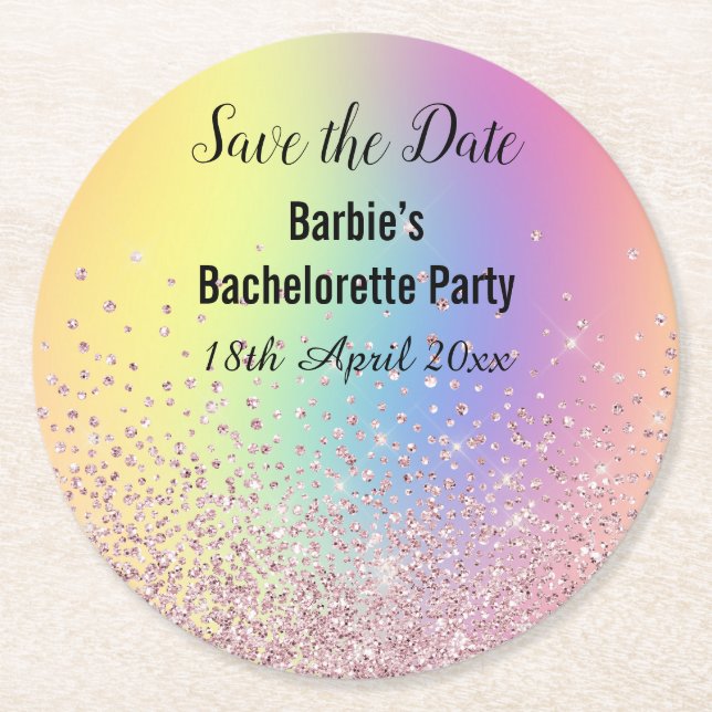 Dessous-de-verre Rond En Papier RAINBOW SPARKL ÉLÉGANT ENREGISTRER LA DATE Bachelo (Devant)