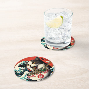Dessous-de-verre Rond En Papier Ramen de chat Art japonais Style Vintage