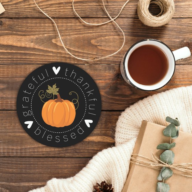 Dessous-de-verre Rond En Papier Reconnaissante, Reconnaissante, Heureuse, Bénie Ci (Grateful, Thankful, Blessed Folk Art Pumpkin Round Paper Coaster)