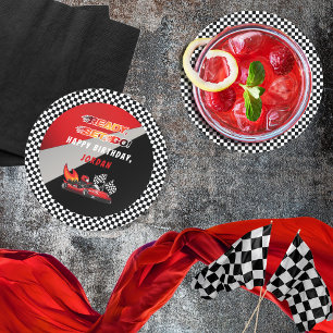 Dessous-de-verre Rond En Papier Red   Black Go Kart Racing Anniversaire