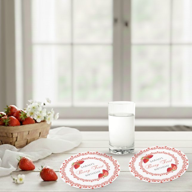 Dessous-de-verre Rond En Papier Red Lace Berry First Birthday (Red Lace Berry First Birthday Round Paper Coaster)