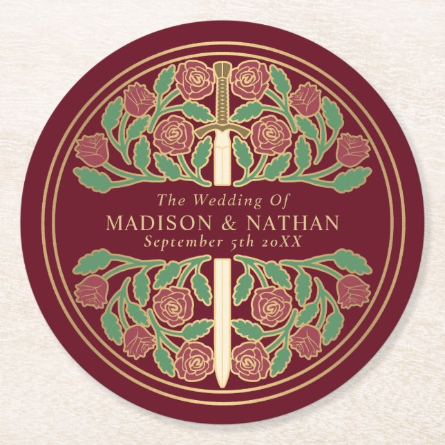 Dessous-de-verre Rond En Papier Red Royal Medieval Gold Sword Wedding (Devant)
