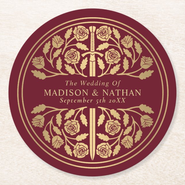 Dessous-de-verre Rond En Papier Red Royal Medieval Sword Wedding (Devant)