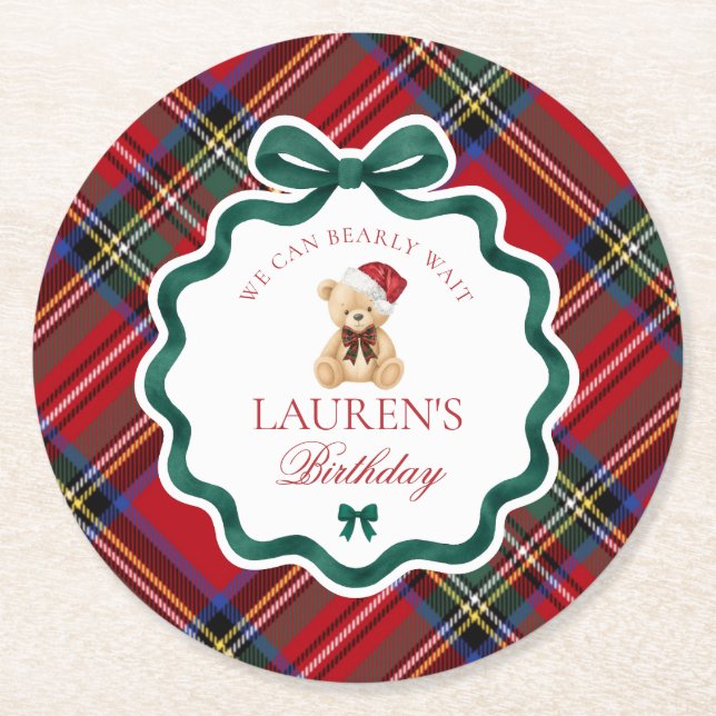 Dessous-de-verre Rond En Papier Red Tartan Plaid Christmas Bear Birthday Party (Devant)