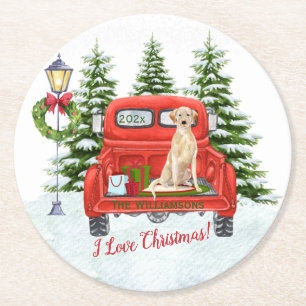 Dessous-de-verre Rond En Papier Red Vintage Truck Lab Retriever Snow Nom de famill